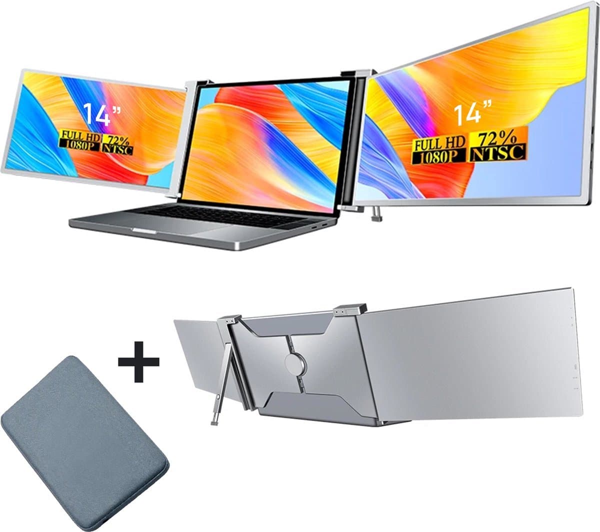 Stemap® Portable Monitor Triple - Full HD - Geschikt Voor 14” / 17,3” Tri-Screen - Laptop Scherm Uitbreider - Inclusief Beschermhoes en Kabels - 2 Jaar Garantie — afbeelding 1