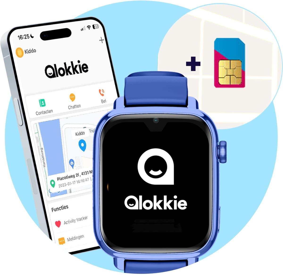 Qlokkie Kiddo Explore - GPS horloge kind - Smartwatch kinderen - GPS tracker kind met nauwkeurige locatiebepaling - GPS horloge kind met simkaart - Stel veilige zones in - SOS functie - Whatsapp - Blauw — afbeelding 1