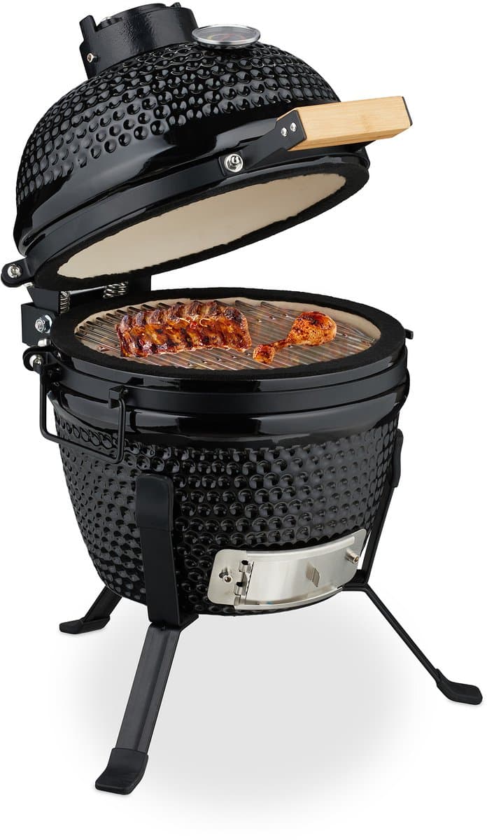 Kamado barbecue - Ø 26 cm - keramisch - met thermometer - deksel - zwart — afbeelding 1