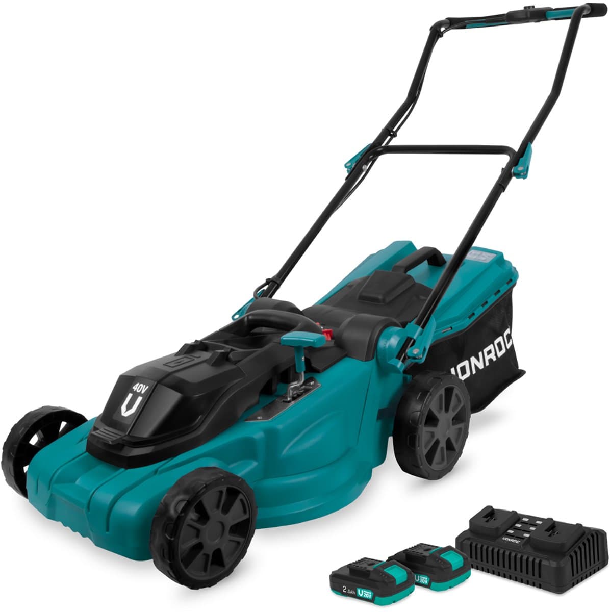 VONROC Accu Grasmaaier – 40V – 38 cm maaibreedte - Vier instelbare maaihoogtes: 35/45/55/65 mm - Incl. 45L Opvangbak - Incl. 2x 2.0Ah Accu en dubbele snellader — afbeelding 1