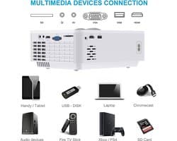 Mini Beamer, Home Cinema Beamer Ondersteunt 1080P Full HD, 7000 Lumen Video Beamer met 300'' Display, 120000 uur LED Projector Compatibel met HDMI/USB/SD/AV/VGA