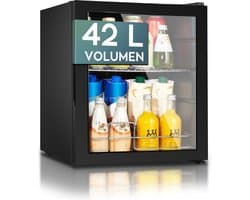 Heinrich's HGK 3142 mini koelkast met glazen deur zwart 42 liter - glasdeur - doorzichtige deur - barkoelkast - vitrinekoelkast - bierkoelkast - kleine koelkast - minibar - modern - voor eten en drinken - drankenkoelkast - energielabel E - 43 decibel