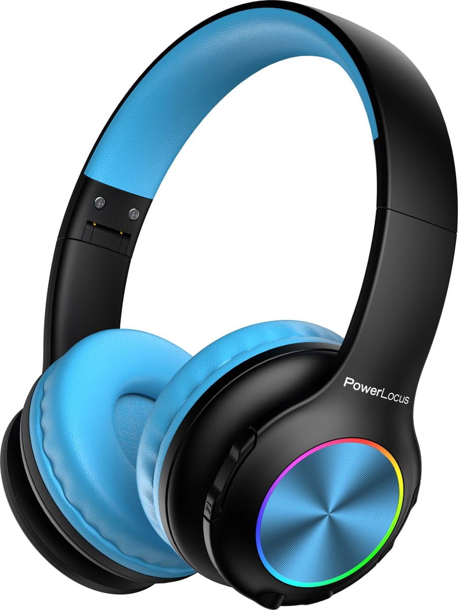 PowerLocus PLED Draadloze Koptelefoon Over-Ear voor Kinderen - LED lampjes - met Microfoon - Micro SD poort - Zwart/Blauw — afbeelding 1