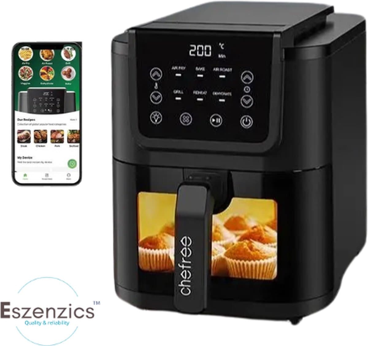 Eszenzics™ Airfryer XXL - Volume 5 liter - 1500 W - 6-in-1 functie - LED touchscreen - Friteuse - Kijkvenster - Verlichting - Bakken - Grillen - Opwarmen - Drogen — afbeelding 1
