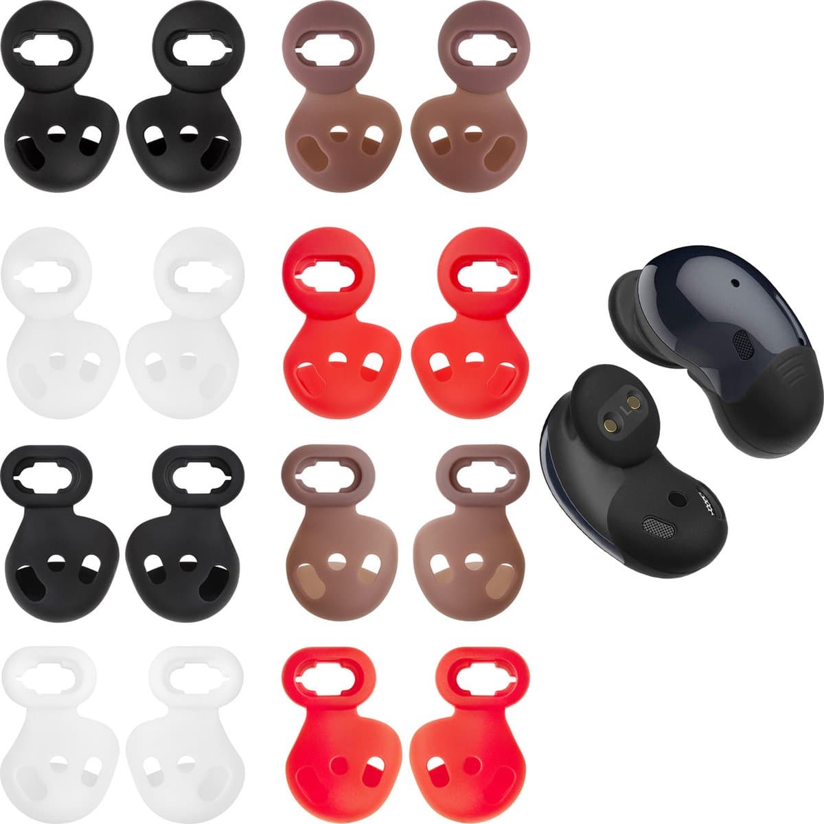 kwmobile anti-slip dopjes voor oordoppen - geschikt voor Samsung Galaxy Buds Live - Set van 16 - Van silicone in zwart / wit / rood / bruin — afbeelding 1