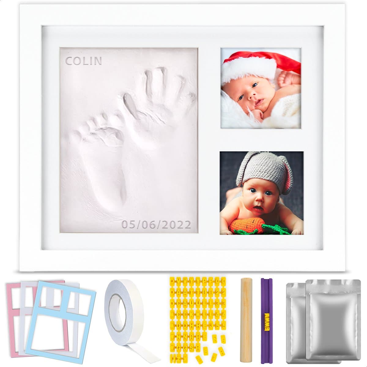 TIKIBOE Baby Fotolijst - Gipsafdruk baby - Klei Afdruk Baby Voet en Hand - Kraamcadeau Jongen of Meisje - Babyshower - Kraampakket/Geboorte Cadeau - Baby Art - Incl. Colour Frames - Kraam Cadeau — afbeelding 1