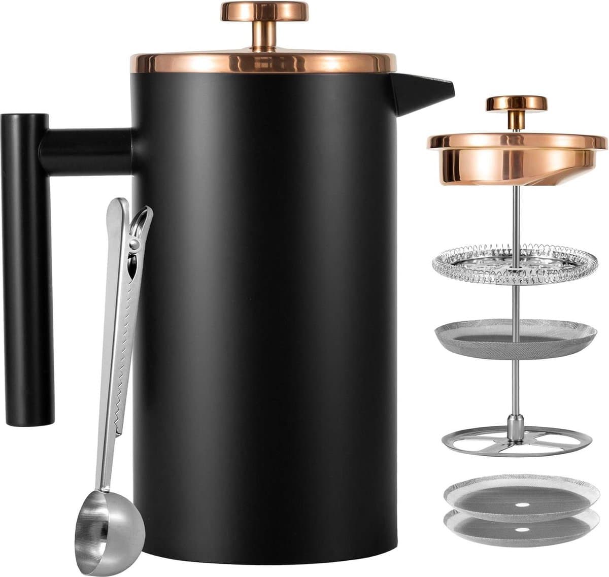 RVS 1 liter Koffiepers 6 kopjes - French Press Thermo koffiepers - Dubbelwandig geïsoleerd - Zwart — afbeelding 1