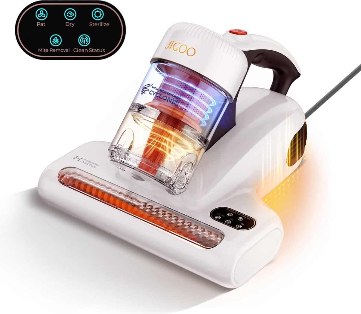 JIGOO J200 dust mite vacuum cleaner, mattress vacuum cleaner with integrated dual cup, 13KPa suction power, UV light, 60°C hot air, LED display — afbeelding 1