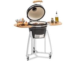 Klarstein Queensize kamado grill - om te grillen, slow cooking, roken of bakken, afneembare zijpanelen, materialen: keramiek, roestvrij staal, bamboe, thermometer van 0-450 °C, 3 wielen, zwart