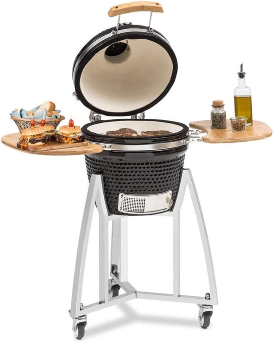 Klarstein Queensize kamado grill - om te grillen, slow cooking, roken of bakken, afneembare zijpanelen, materialen: keramiek, roestvrij staal, bamboe, thermometer van 0-450 °C, 3 wielen, zwart — afbeelding 1