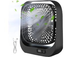 Mini Draagbare Tafelventilator - Stil en Lichtgewicht - Met LED Digitaal Display - 360° Verstelbaar - 3 Snelheden - Zwarte Circulatieventilator met Borstelloze Motor - Voor Kantoor, Thuis en Reis - USB