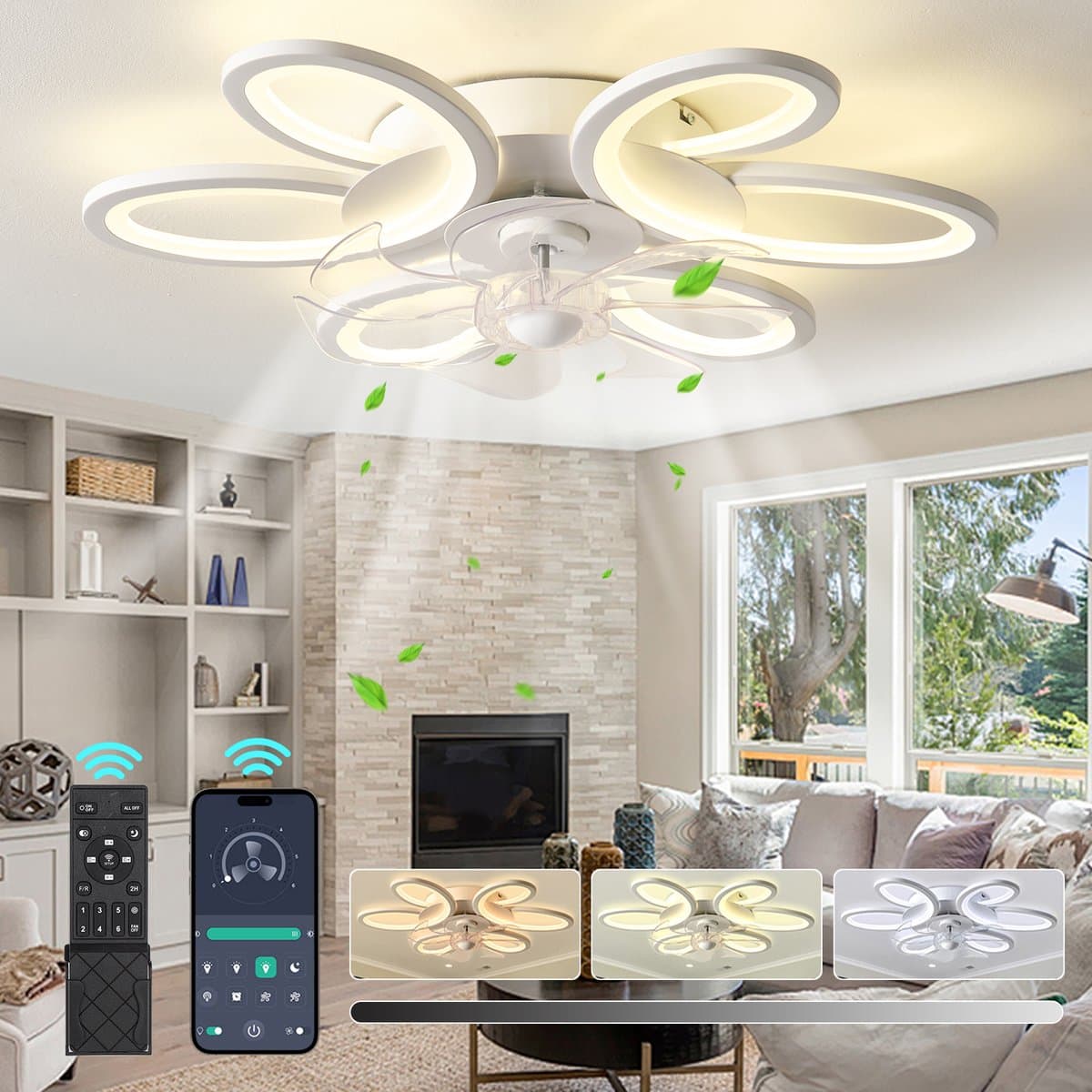 Rosnek Plafondventilator met Verlichting - Modern Bloem Design 65cm - Plafondlamp met Ventilator Dimbaar - Tuya Smart App - Woonkamer/Slaapkamer — afbeelding 1