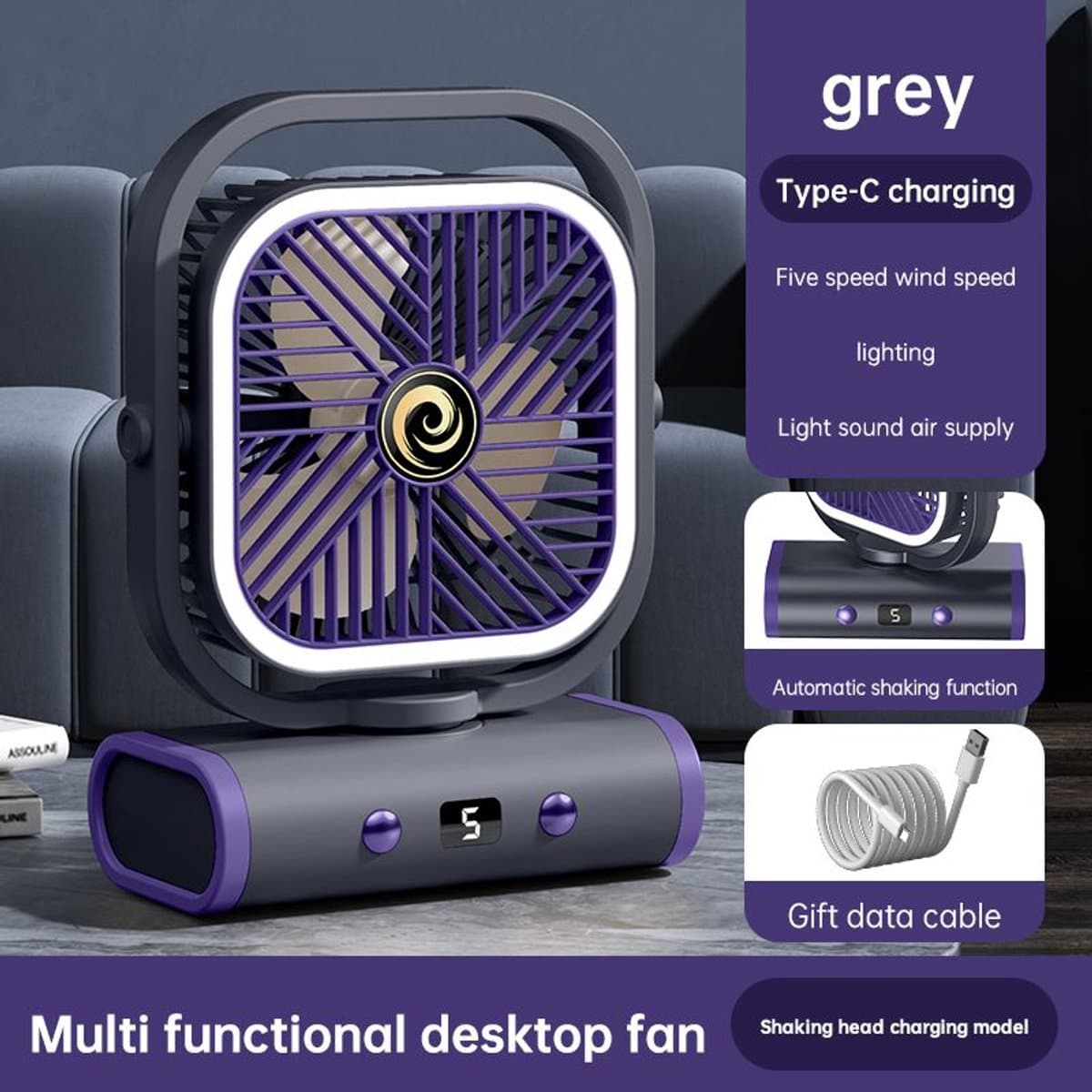 Ulisem - Wandventilator - USB oplaadbaar - 5 windstanden - Stille gelijkstroommotor - 2400mAh batterij - Automatisch links/rechts draaien - Handmatig kantelbaar - Met dubbele nachtlamp - Voor slaapkamer en student - Grijs — afbeelding 1