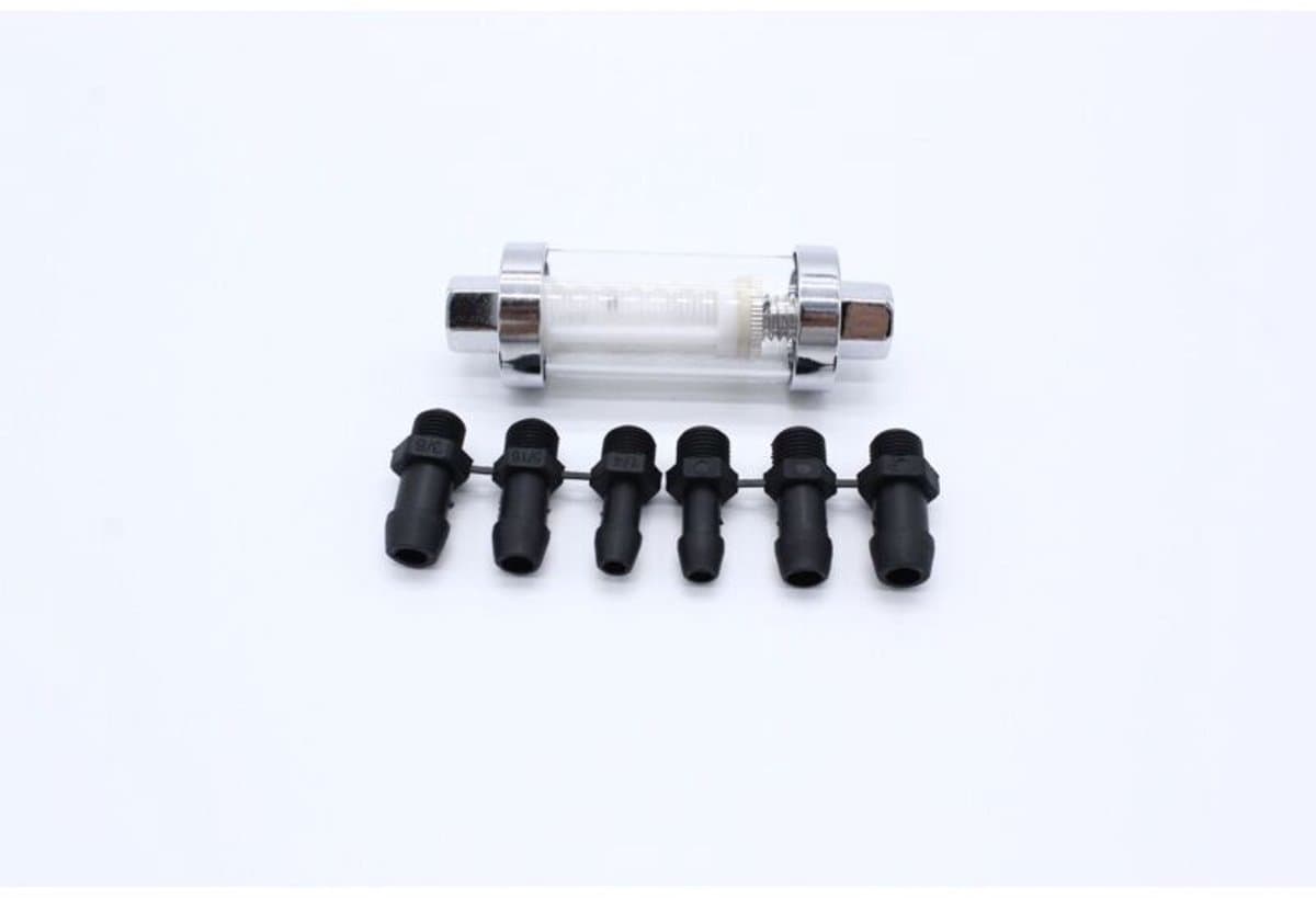 Universele aansluitingen 3/8", 1/4" en 5/16", herbruikbaar verchroomd glazen inline brandstoffilter — afbeelding 1