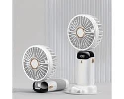Draagbare, oplaadbare USB-ventilator met 5 snelheden, mini-bureauventilator met LED-display, perfect voor op reis (wit, 800 mAh).
