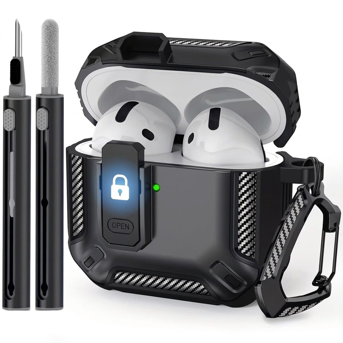 Zwart robuust hoesje voor oordopjes met carbon look geschikt voor AirPods 4 inclusief schoonmaakset en karabijnhaak – schokbestendig en duurzaam — afbeelding 1