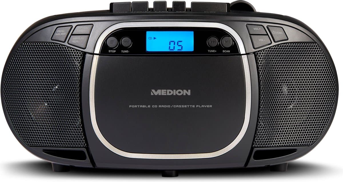 MEDION E66476 Stereo Sound Systeem (Boombox, CD-speler, MP3, cassette, draagbare cassettespeler voor kinderen, FM-radio, AUX, hoofdtelefoon, netstroom & batterij), zwart — afbeelding 1