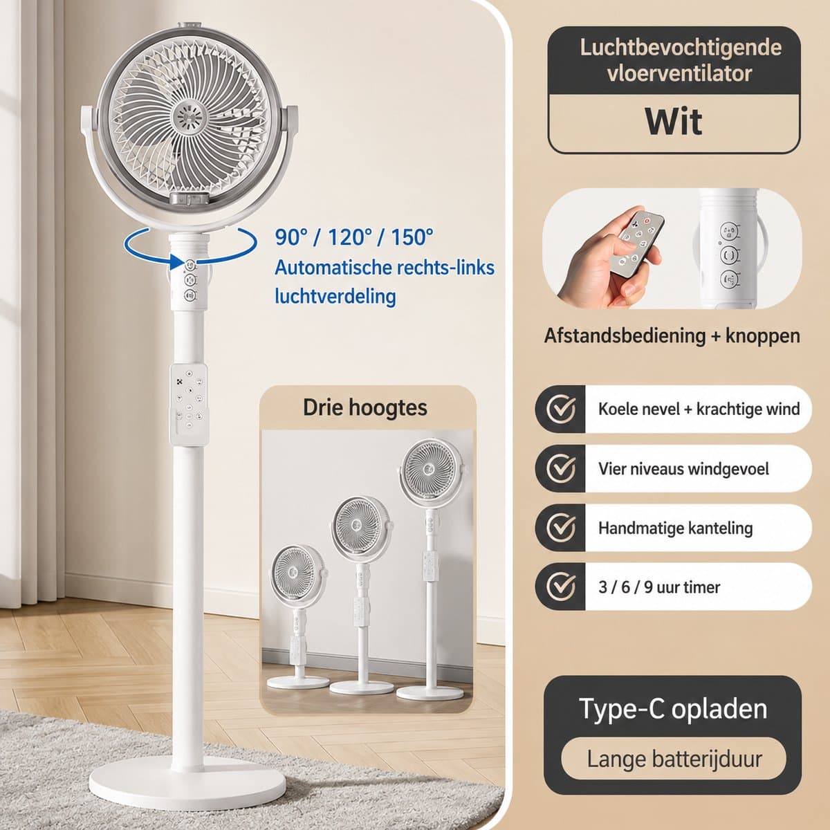 Luchtbevochtigende Statiefventilator met Afstandsbediening - Draadloos Oplaadbaar - 4 Windsnelheden - 3 Hoogtes - Vernevelfunctie - Timer 3/6/9 Uur - USB-C - Wit — afbeelding 1