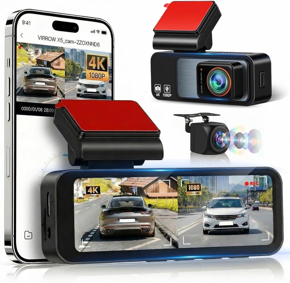 SnelShoppen - 4K Dual Dash Cam Voor Auto's Voor- en Achteruit, 3.16" Scherm, GPS & WiFi, 150° Hoek, Nachtzicht, G-Sensor, Parkeerbewaking, Loopopname, — afbeelding 1
