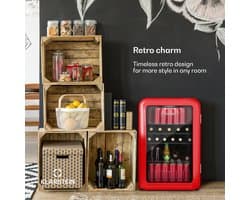 Klarstein PopLife Drankenkoeler - Mini-bar, Retrokoelkast, 0-10°C, slechts 39 dB, 115 L, energiezuinig, dubbel glazen deur, Retro-design, rood