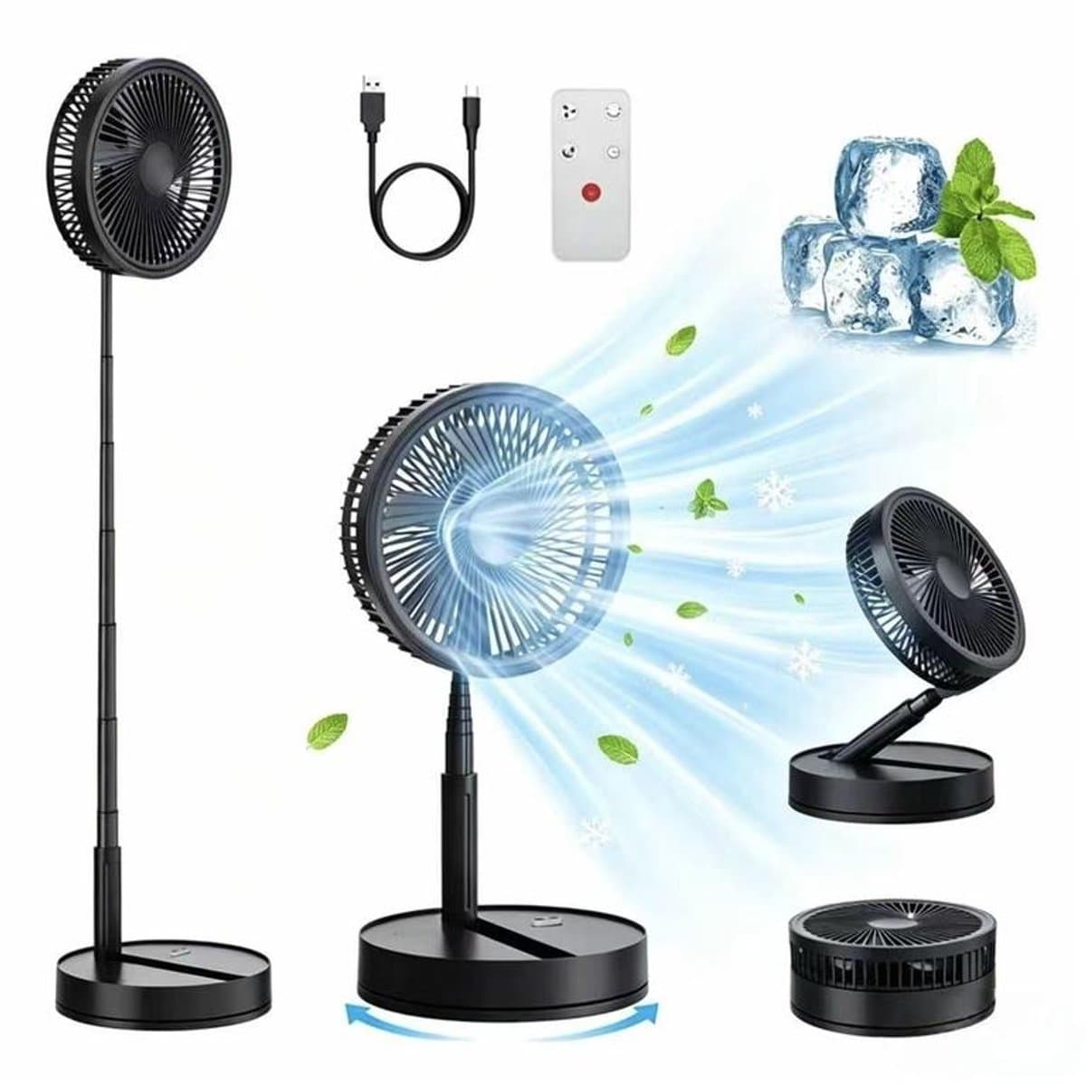 KZQ Draagbare, opvouwbare oscillerende ventilator - Tafelventilator - Staande ventilator - Stil - Vierversnellingsinstelling - 8000 mAh - USB-C - Inclusief afstandsbediening - Geschikt voor Thuis, Kantoor en Buiten - 22 × 22 × 10 cm - Zwart — afbeelding 1