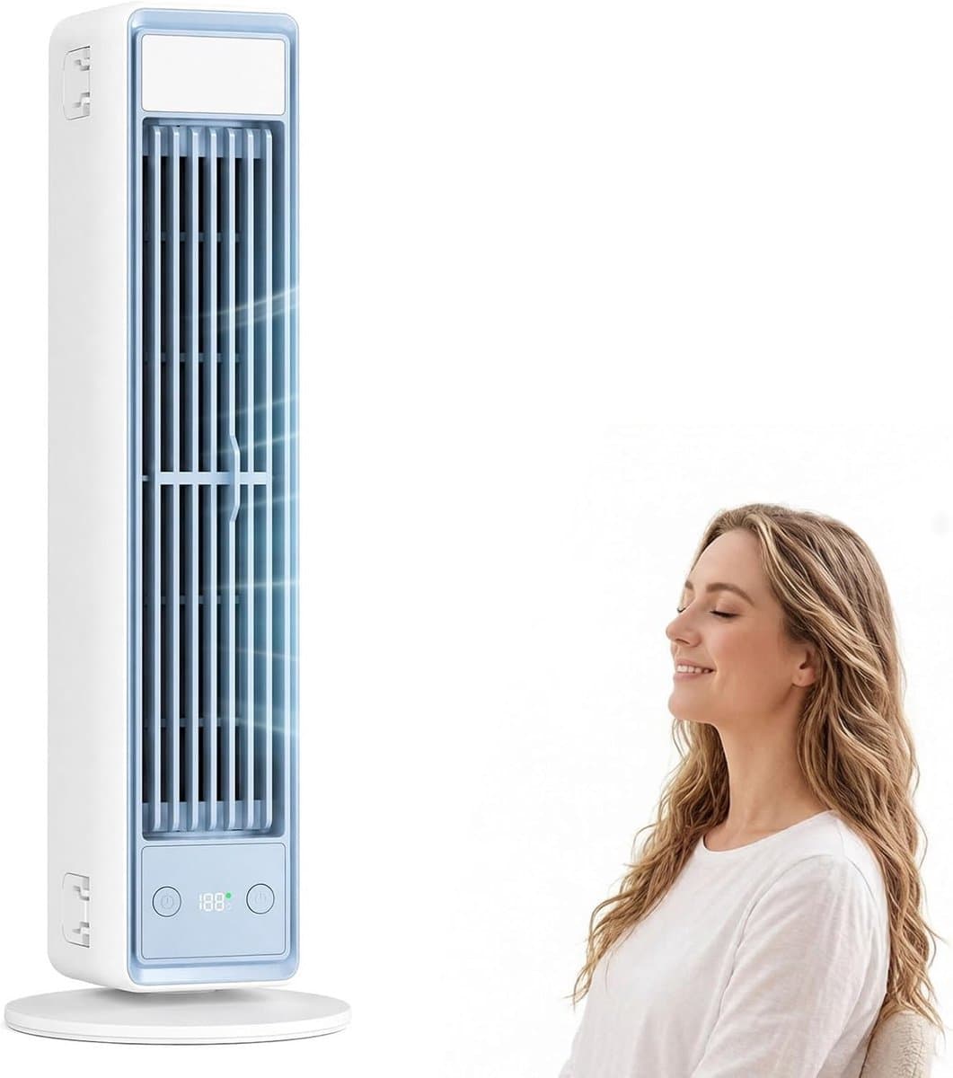 Bladloze Torenventilator - Torenventilator - Draagbare Mobiele Airco Cooler - Bladloos - Draaibaar Ventilator - 5 Snelheden - Met Afstandsbediening - Luchtstroom - Stil Compact - Mobiele Airco - Compacte Airconditioner Voor een Goede Nachtrust - Wit — afbeelding 1