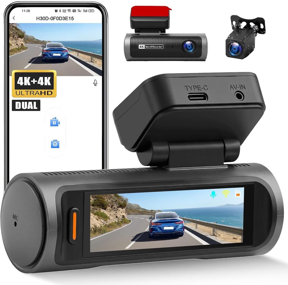 Dashcam voor auto - Zwart - 3,19 inch HD-scherm - 4K dubbelcamera met wifi en nachtzicht - Voor voertuigen — afbeelding 1