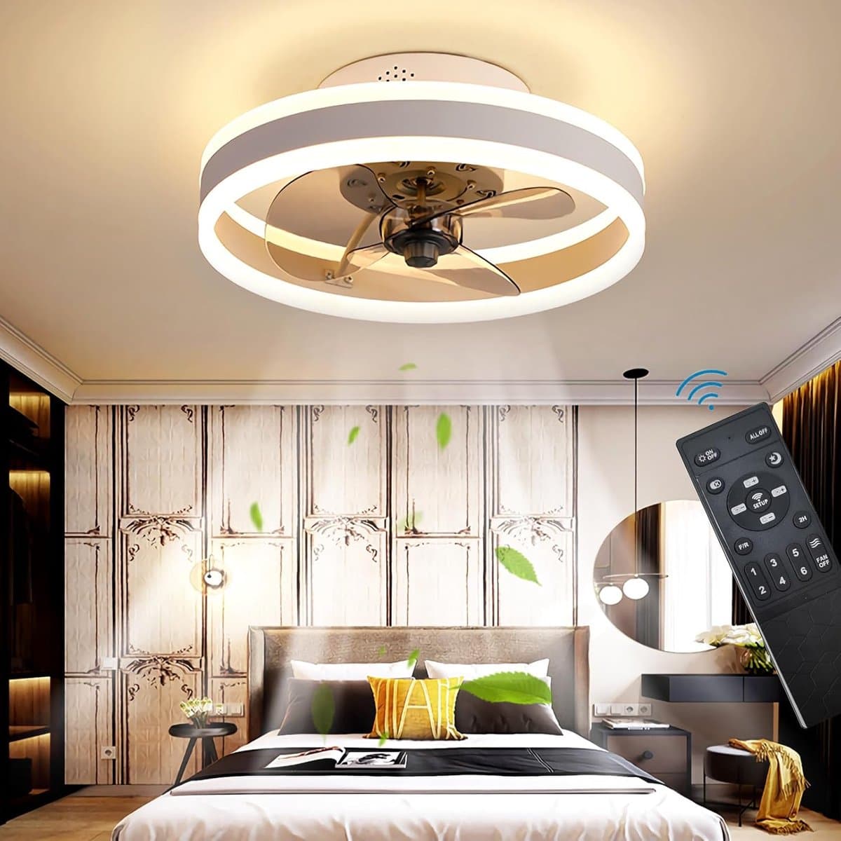 Plafondventilator met Verlichting – Bamboe Look – Ø50 cm – Dimbare LED Verlichting – Transparante Ventilatorbladen – Afstandsbediening – Zomer- en Winterstand — afbeelding 1