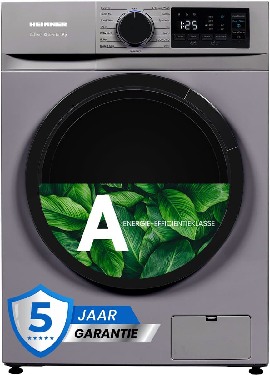 Heinner HWM-M814IVNSA+++ Slanke Wasmachine 8 kg – 15 programma’s – 1400 tpm – Energieklasse A – Inverter Motor – LED-Display – Kinderslot – Zilver – 5 Jaar Garantie — afbeelding 1