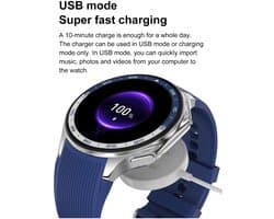 Knobbout 1.43" Scherm AMOLED-scherm met 3D-ontwerp Smartwatch - Slimme opnamefunctie- 4 GB interne opslag - MP4-video-ondersteuning - Ingebouwde kompasfunctie - Zilver staal+ bruin lederen + blauwe siliconen horlogeban