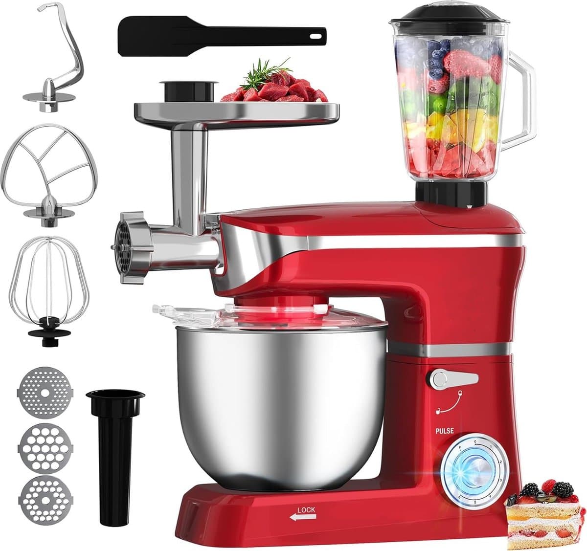 Royalty Line® PKM1900BG 3 in 1 Keukenmachine - 6.5 L Keukenrobot - 1900W Foodprocessor - Keukenmixer Met Blender & Vleesmolen - Rood — afbeelding 1