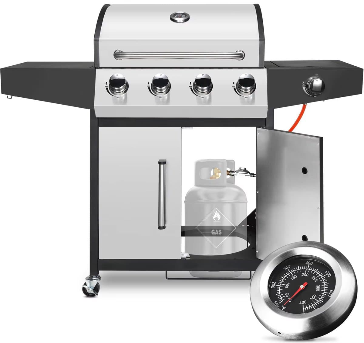 BBQ 5 in 1 - Barbecue op gas - Zilver - Thermostaat - Olievanger accessoires - Gasgrill met zijbrander — afbeelding 1