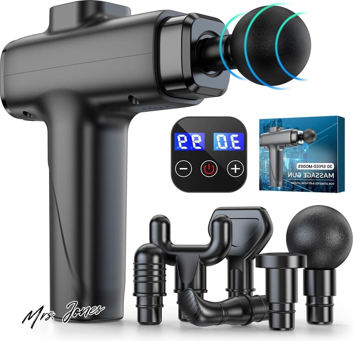 Mrs. Jones Spiermassagepistool Draagbare Spiermassager met Diepe Weefsels Ultrastille 30 Snelheden Optionele Modi Percussiemassageapparaat 8 Massagekoppen LCD-scherm Langdurige Spierontspanning . — afbeelding 1