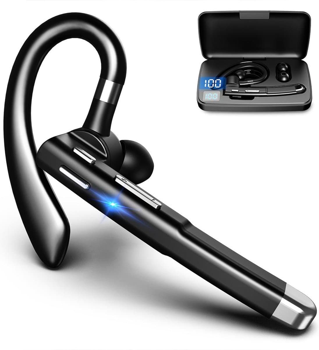 Otiume - Draadloze Bluetooth Headset – Noise Canceling – Incl. Oplaadkoffer - 32 uur Beltijd - Waterproof - Handsfree - Zwart Zilver — afbeelding 1