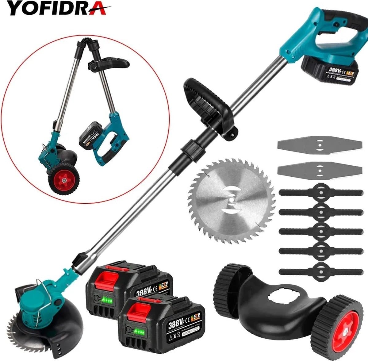 Yofidra - Grasmaaier elektrisch - Grasmaaier accu - Grastrimmer - Opvouwbaar - Draadloos - 2x Makita 18V batterij - lichtblauw — afbeelding 1