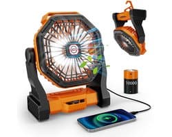 Campingventilator met 20000mAh accu, 4 windsnelheden, stille USB-ventilator met LED-verlichting, 270° draaibaar, oplaadbare tafelventilator, werkt op batterijen, geschikt voor reizen, picknicks en wandelen.