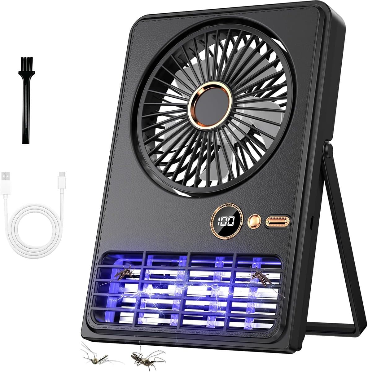 Tafelventilator-draagbare ventilator-bureau ventilator-buiten ventilator-draagbare oplaadbare ventilator - Ventilator met muggenlamp - 90° kantelbaar en inklapbaar - 5 instelbare snelheden - Geschikt voor bureaus, slaapkamers en kamperen - Zwart — afbeelding 1