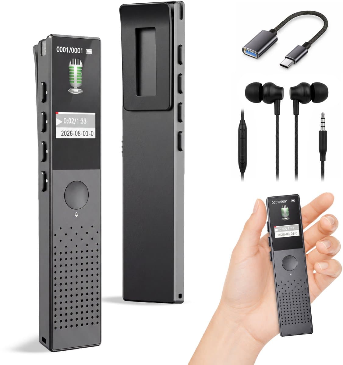 UPLY Digitale Voice Recorder - 64GB - 18 Uur Batterij - Bluetooth 5.2 - Dictafoon - Ruisonderdrukking - Afluisterapparatuur — afbeelding 1