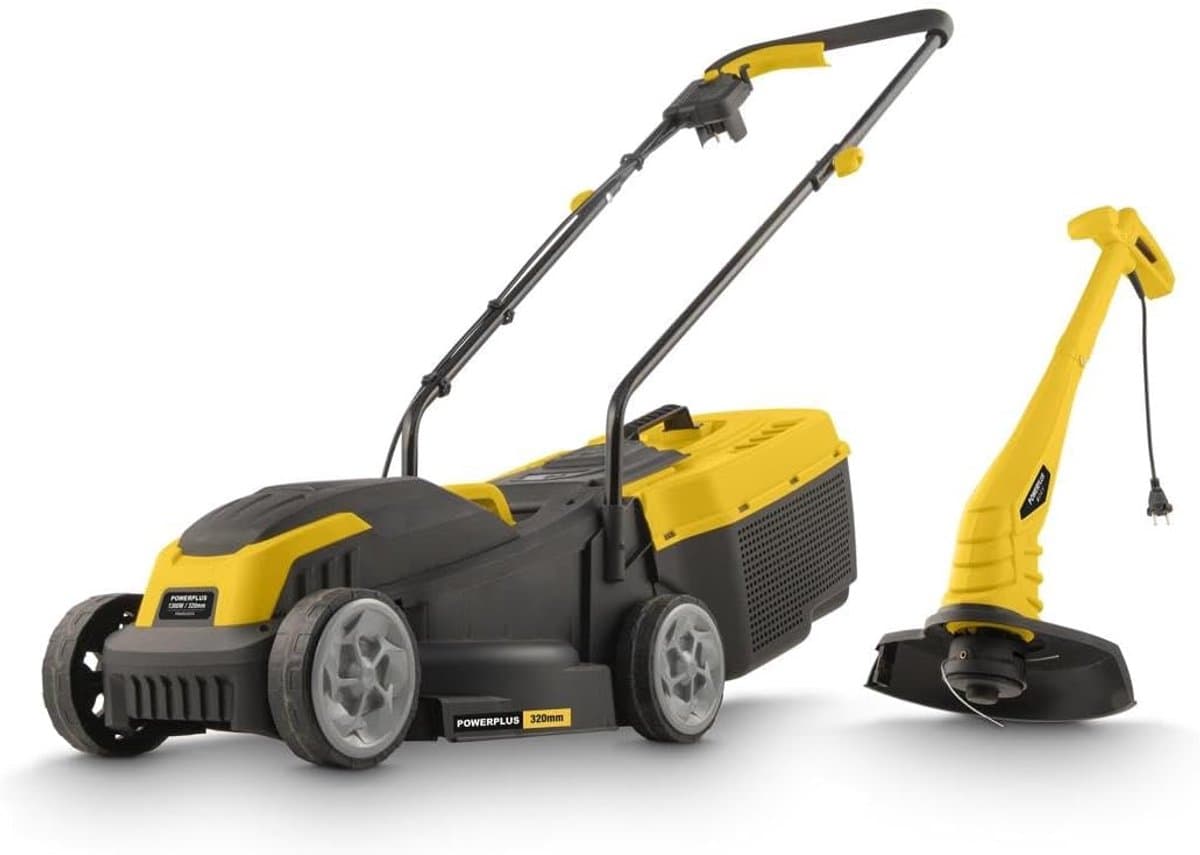 Elektrische grasmaaier trimmer - Tuingereedschap set - Gazon onderhoud - 2-in-1 functionaliteit - 32 cm snijbreedte - geel — afbeelding 1