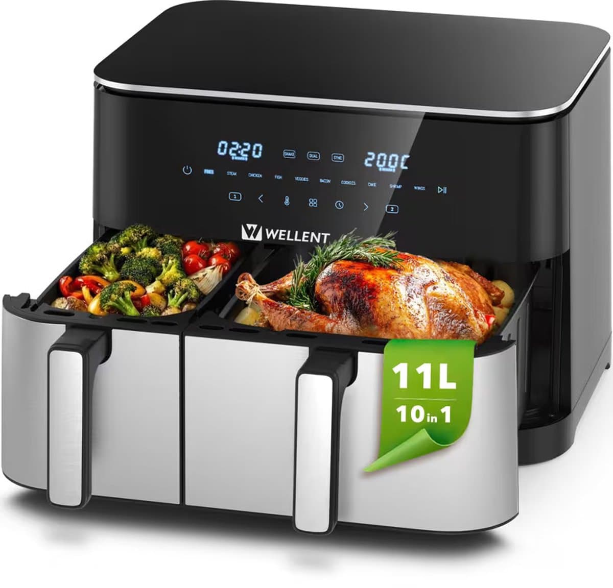 WELLENT Dual Easy Fry Airfryer 11 L – Dubbele Airfryer met 2 Baklades – 2600 W – 10 Programma’s — afbeelding 1