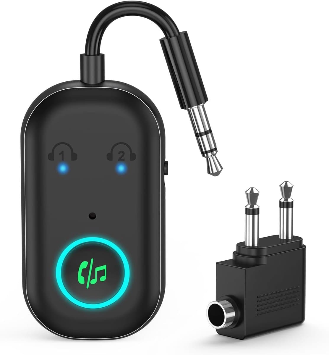 Bluetooth 5.3 zender ontvanger, vliegtuig bluetooth adapter 2 oortelefoons, draadloze audio-adapter auto, handsfree telefoon, max. 16H, 3,5 mm aux-aansluiting op de reisvlucht, tv, autoradio, fitnessruimte — afbeelding 1