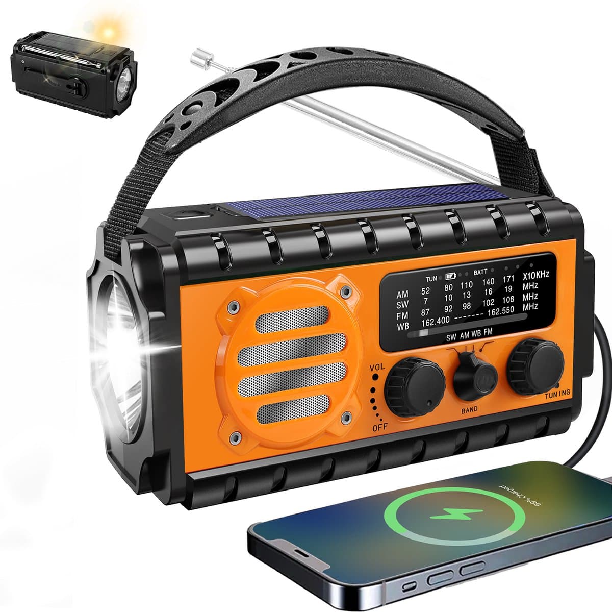 NatuurGenoot® Noodradio – 20.000mAh Powerbank – Solar & Opwindbaar – Waterdicht IPX – AM/FM/SW/WB – SOS Alarm, Zaklamp & Leeslamp – Noodpakket- Powerbank zonneenergie- Black-out & Outdoor – Oranje — afbeelding 1