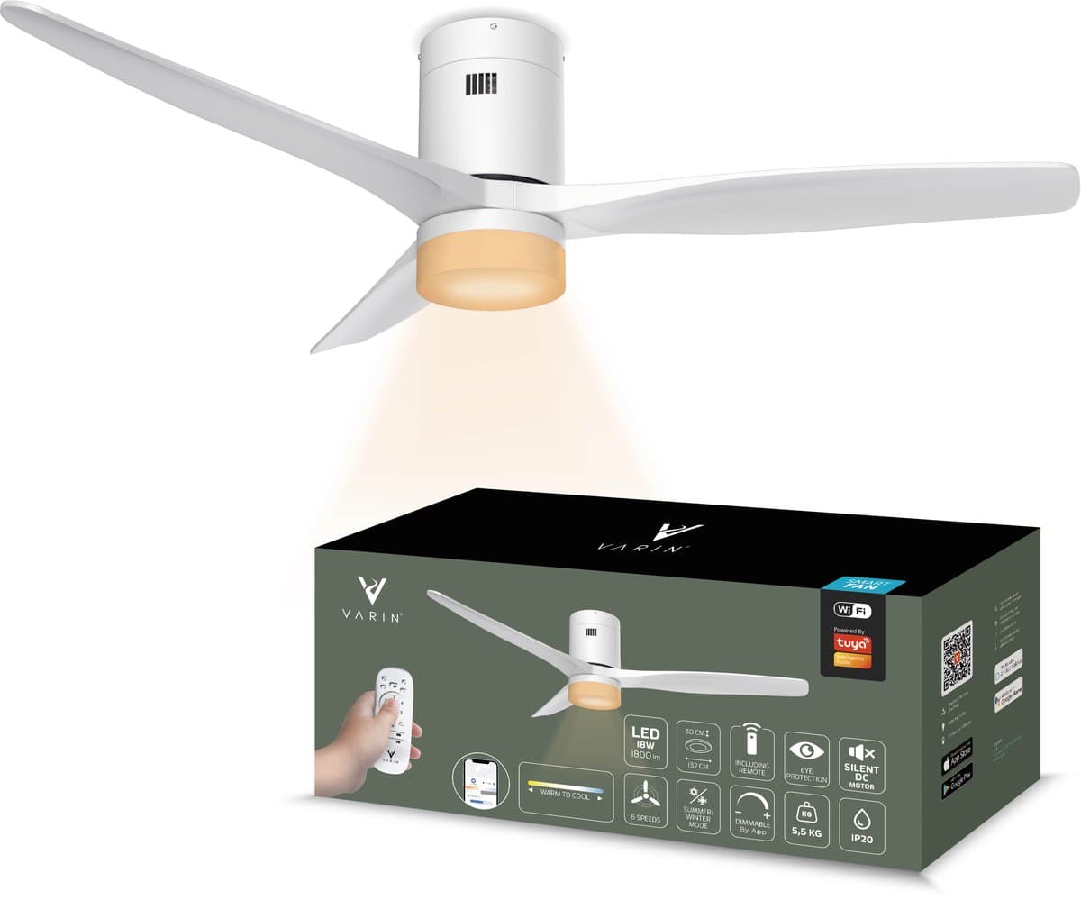 Varin® Smart Plafondventilator met verlichting - Ø 132cm - Wit - LED CCT 18W - Super stil 20dB - 6 snelheden - Woonkamer - Slaapkamer - Tuya WiFi - App & Afstandsbediening — afbeelding 1