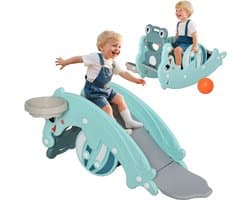 Kikkerpaard 3-in-1, 72 x 34 x 47 cm, turquoise blauw | Glijbaan, basketbalmand, 18 tot 36 maanden