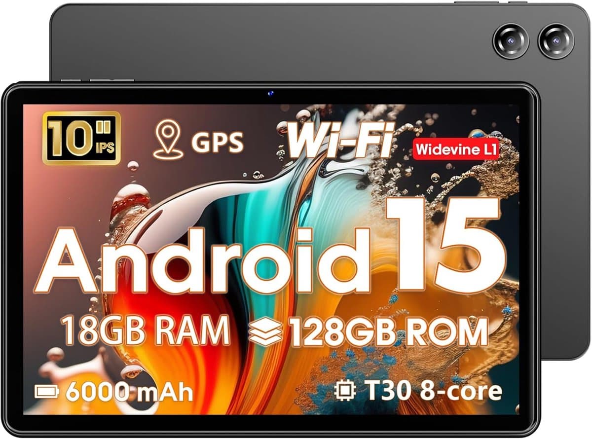 SnelShoppen - Tablet 10 Inch met 18GB RAM + 128GB ROM, Android 15, Octa-Core T30, WiFi 5, 1TB Expandable, 6000mAh, Dual Camera, GPS — afbeelding 1