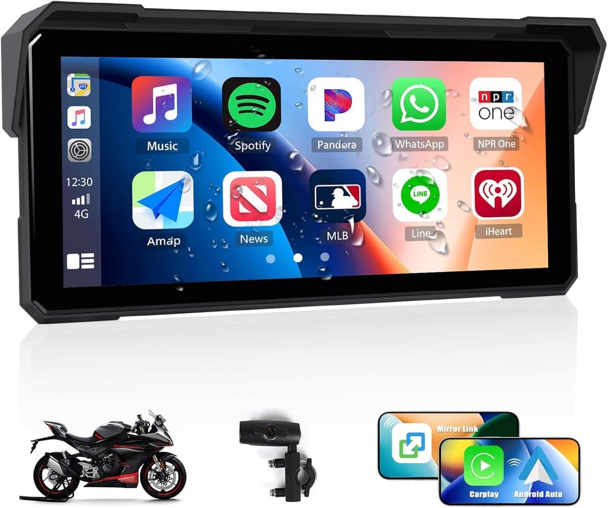 SnelShoppen - 8.1 Inch HD Motor Display IP68 Dashcam met Draadloze CarPlay/Android Spiegelfunctie, Bluetooth Universele Verticale Houder en Achtergron — afbeelding 1