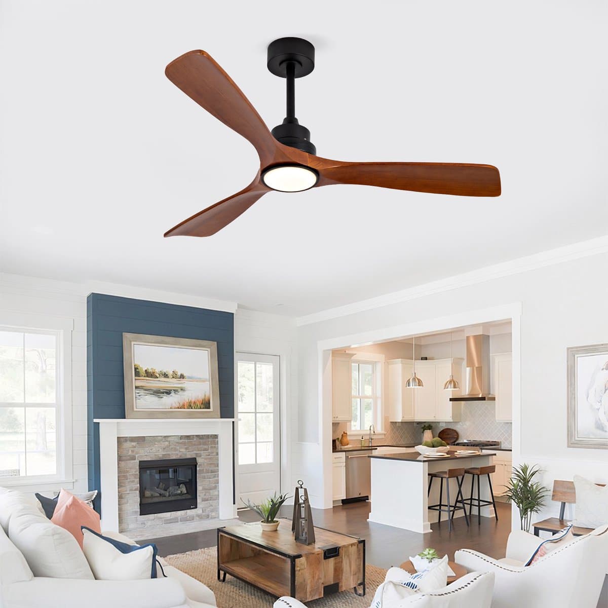 Plafondventilator 52 inch - Met licht - Omkeerbare DC-motor met geheugen - 6 snelheidsstanden - Stille werking - 3 massief houten bladen — afbeelding 1