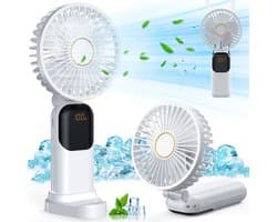 Mini draagbare ventilator, USB oplaadbare ventilator, kleine zakventilator met 5 snelheden en voet, stille opvouwbare handventilator voor kantoor en buitengebruik (wit)