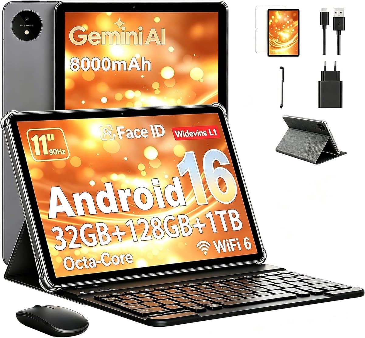 SnelShoppen - Tablet 11 Inch met Gemini AI, Android 16 Tablets, Octa-Core, 32 GB RAM, 128 GB ROM, 1 TB TF, 1920x1200 HD Display, 90 Hz, 8MP + 16MP Cam — afbeelding 1