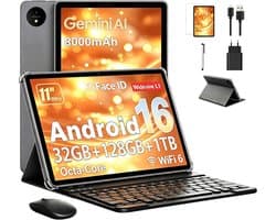 SnelShoppen - Tablet 11 Inch met Gemini AI, Android 16 Tablets, Octa-Core, 32 GB RAM, 128 GB ROM, 1 TB TF, 1920x1200 HD Display, 90 Hz, 8MP + 16MP Cam